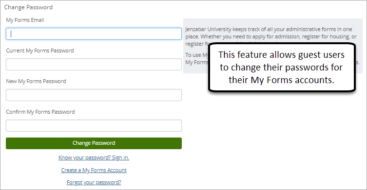 Sample Change Password page for guest My Forms accounts.