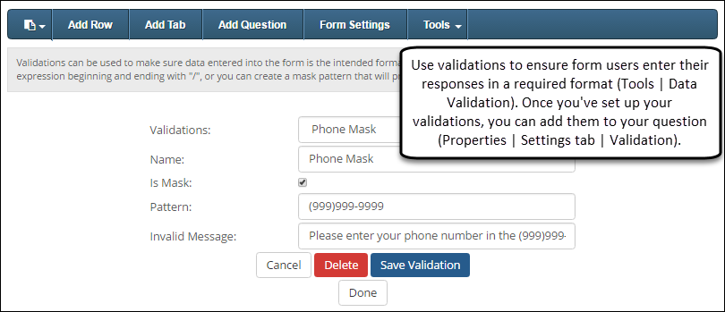 Sample setup for form validations.