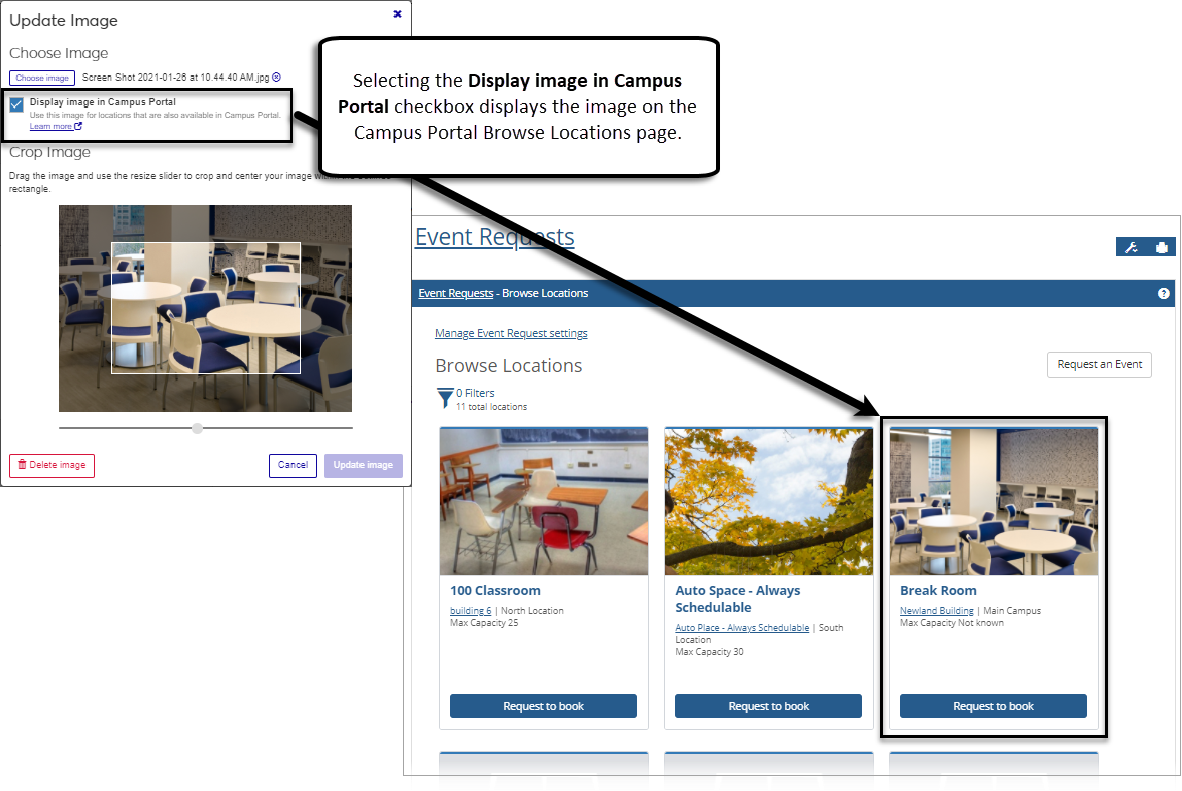 J1 Web update image pop-up with the Display image in Campus Portal checkbox selected and the image visible in Campus Portal.