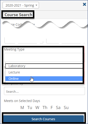Course Search showing the Meeting Type drop-down