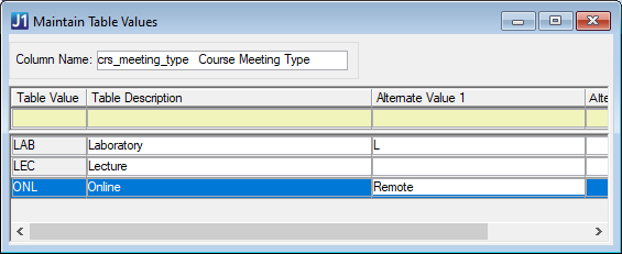 J1 Desktop Maintain Table Values window showing the "Course Meeting Type" column with three typical values: Lab, Lecture, and Online
