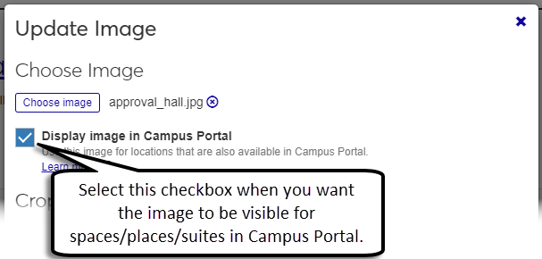 Update Image pop-up for a location with the Display image in Campus Portal checkbox explained.