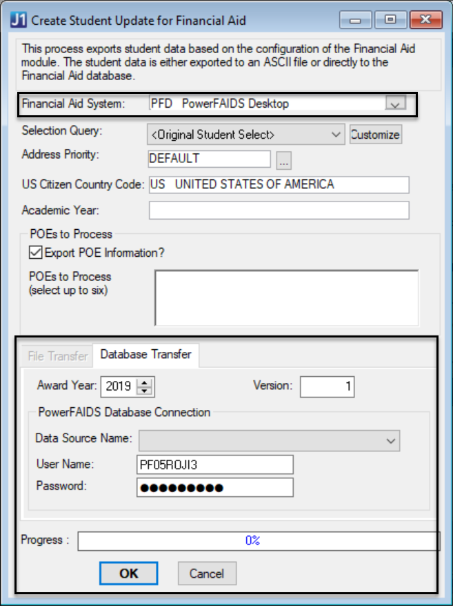 Create Student Update for Financial Aid window with Financial Aid System field and Database Transfer tab selected.
