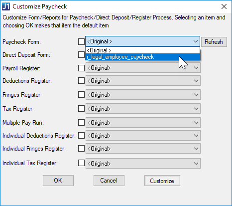 Customize Paycheck window, Paycheck Form drop-down.