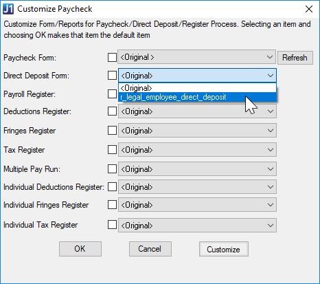 Customize Paycheck window with Direct Deposit drop-down options displayed.
