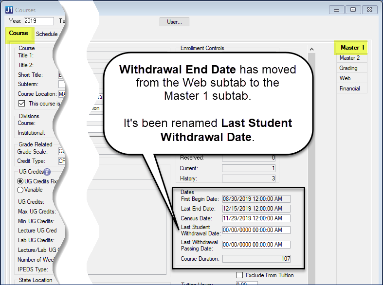 Courses window, Course tab, Master 1 subtab, Dates section highlighted.