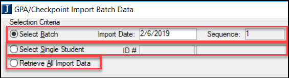 GPA/Checkpoint Import Batch Data window.