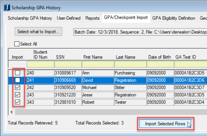 Scholarship GPA History window with Import Selected Rows button selected.